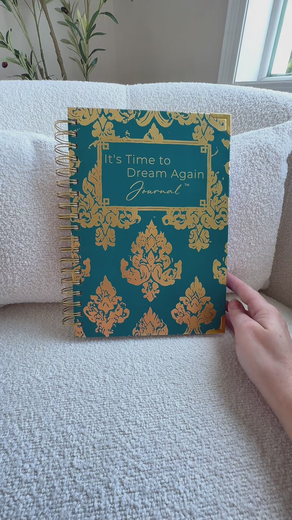 Flip-through of the It's Time to Dream Again Journal, showing the gold foil cover, gold coil, and guided pages inside