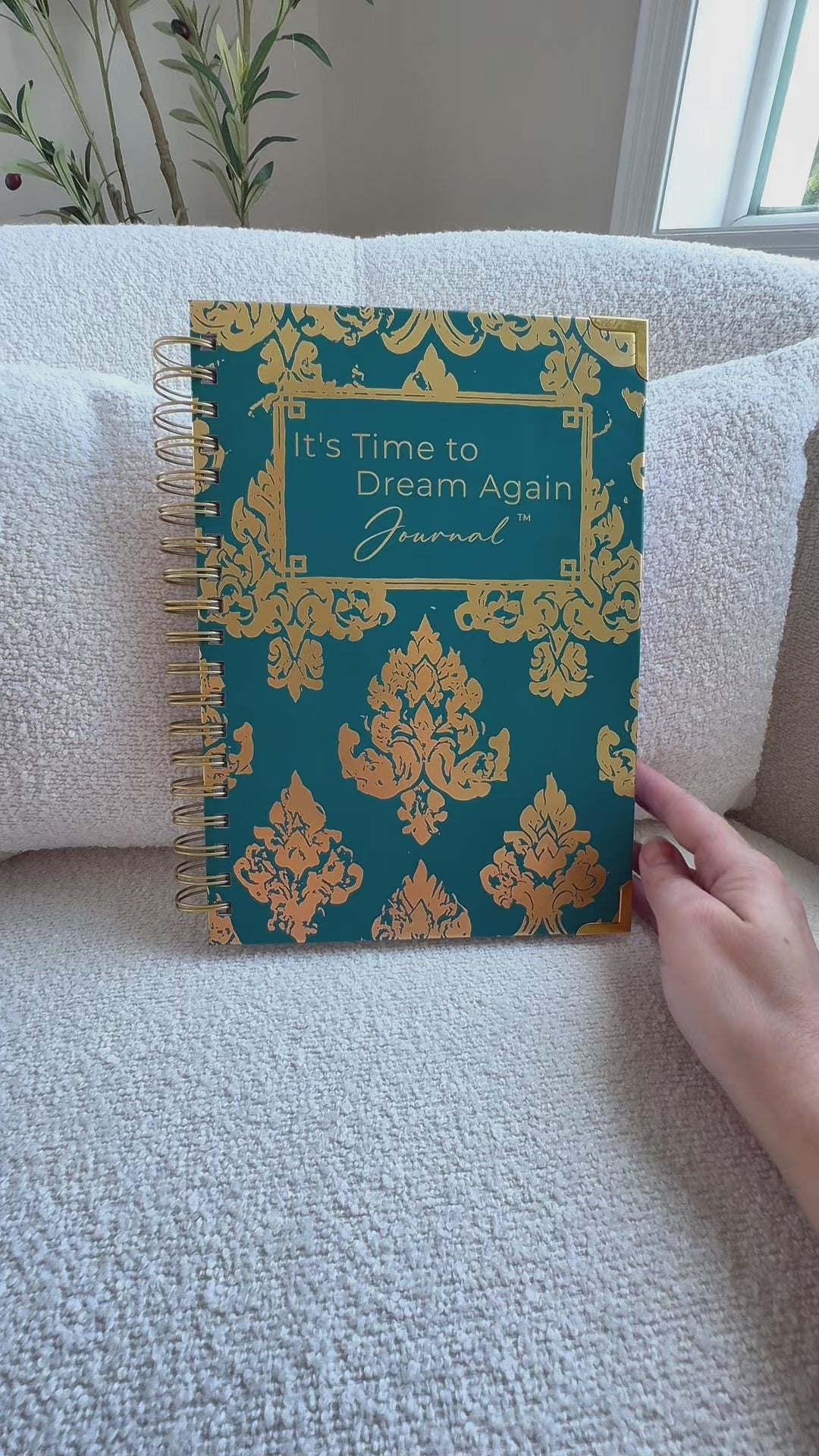 Flip-through of the It's Time to Dream Again Journal, showing the gold foil cover, gold coil, and guided pages inside